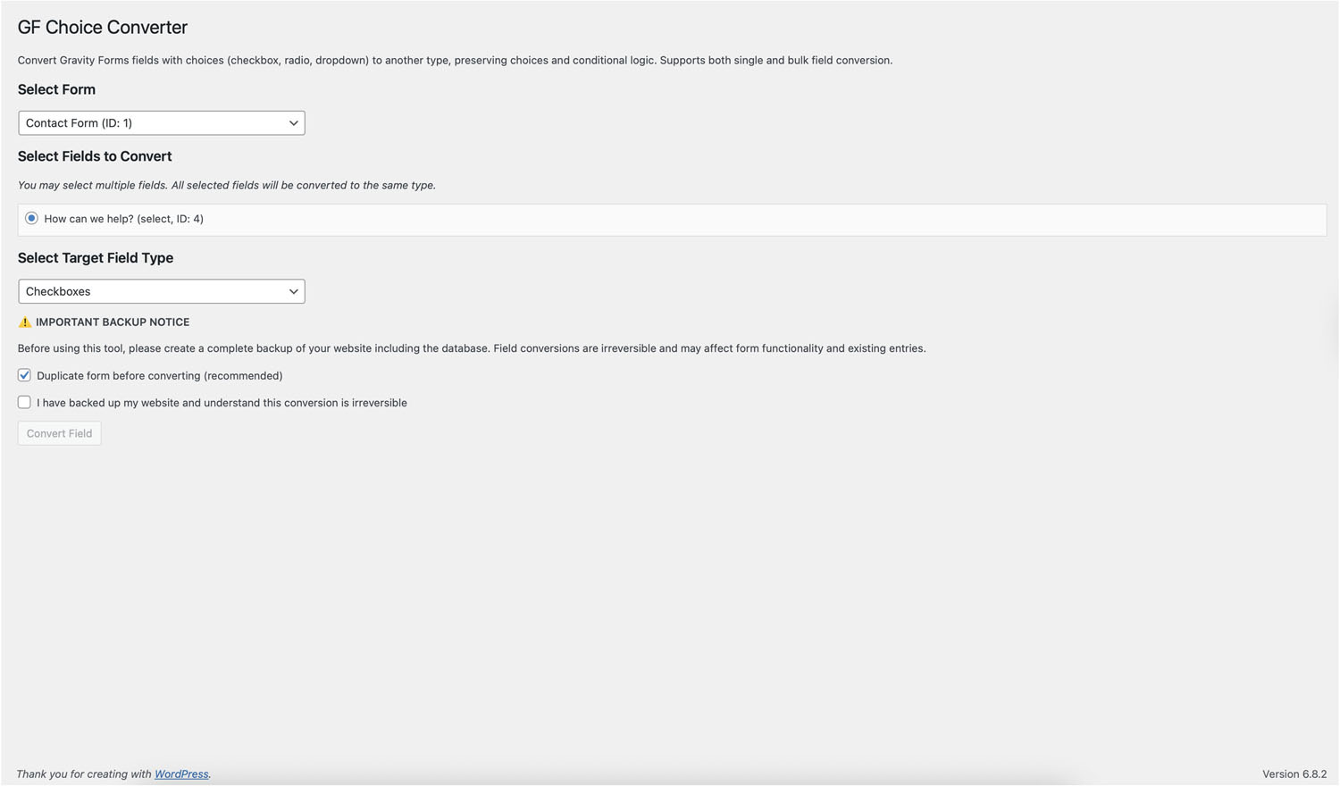 GF Choice Converter Eligible Form Fields Conversion Selection