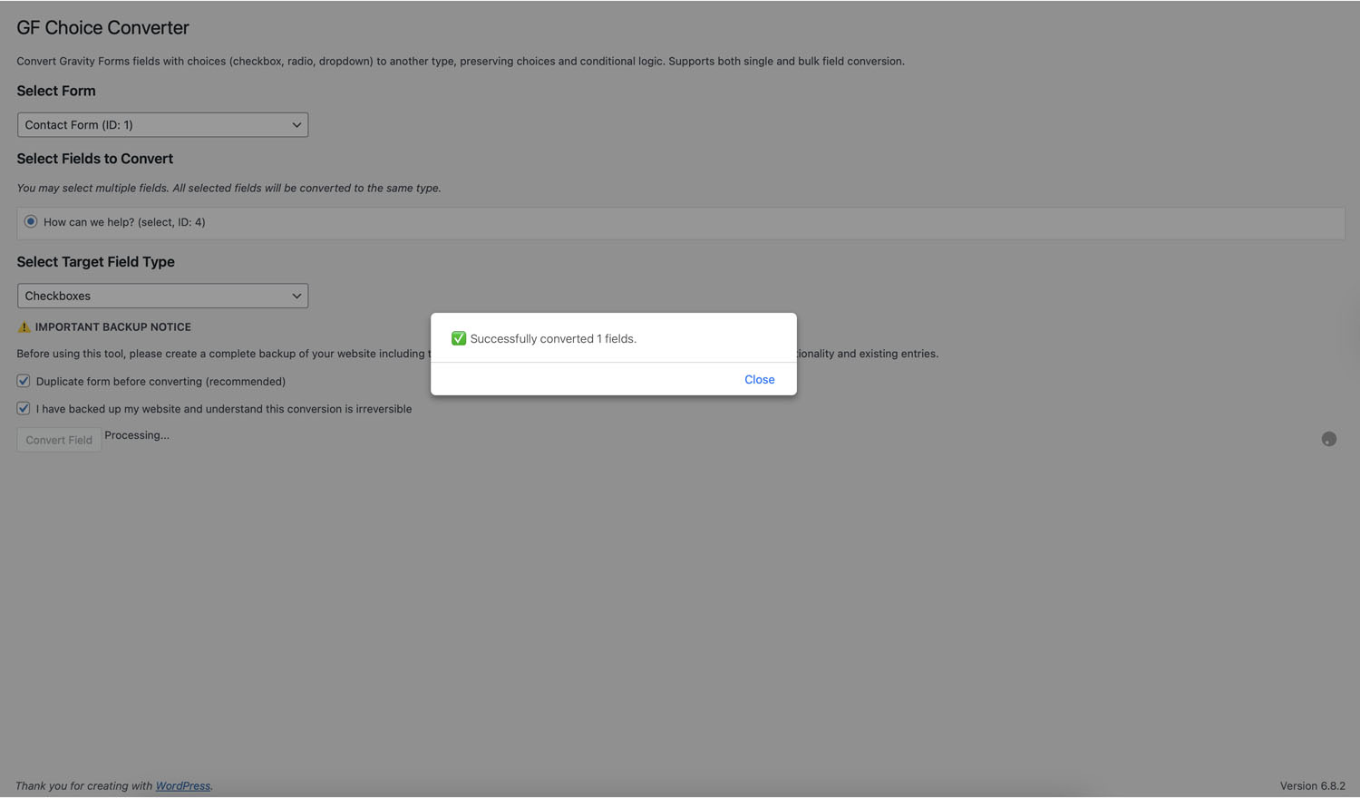 GF Form Field Conversion Confirmation