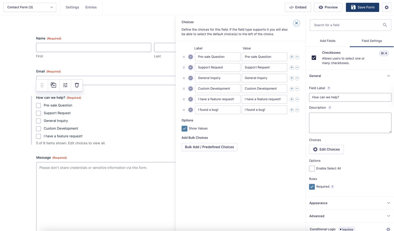 Converted Gravity Form Choice Field