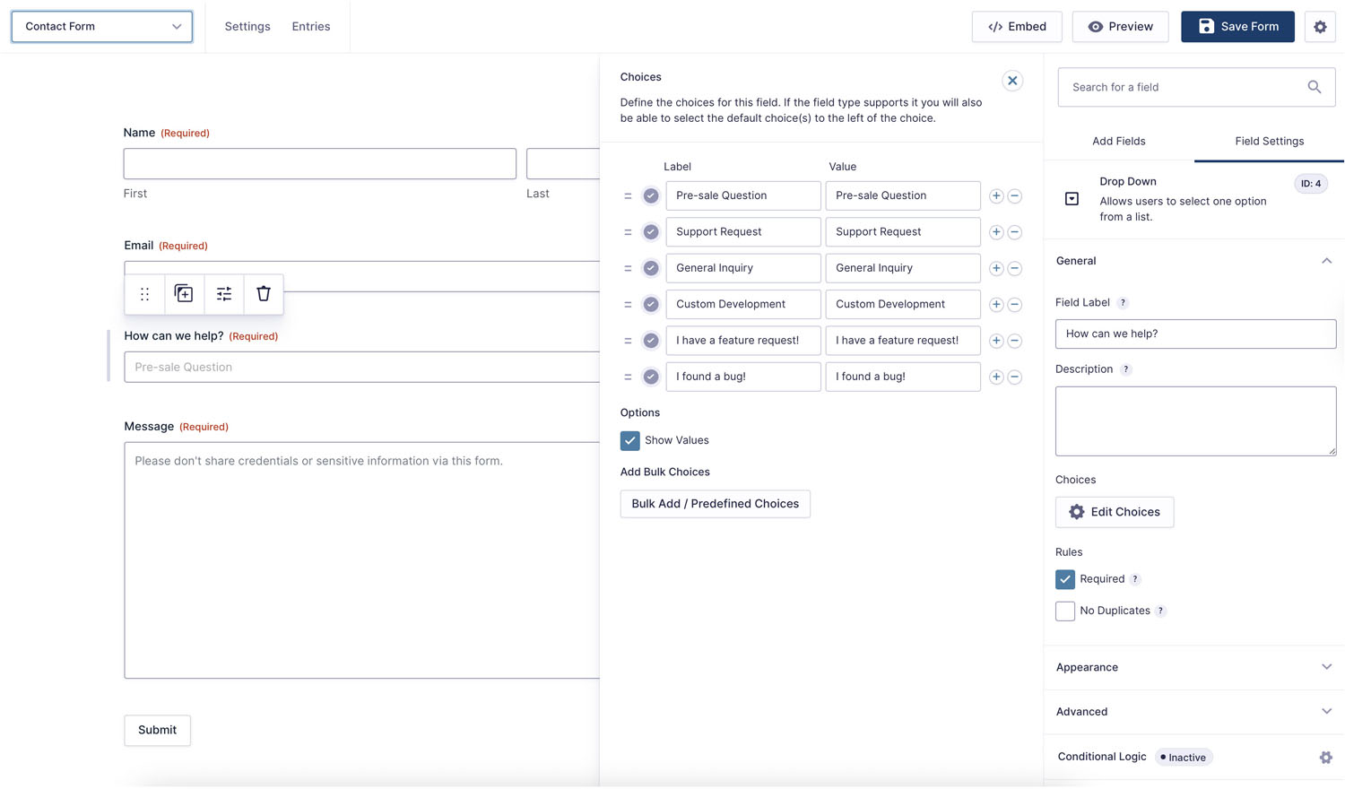 Original Gravity Form Choice Field